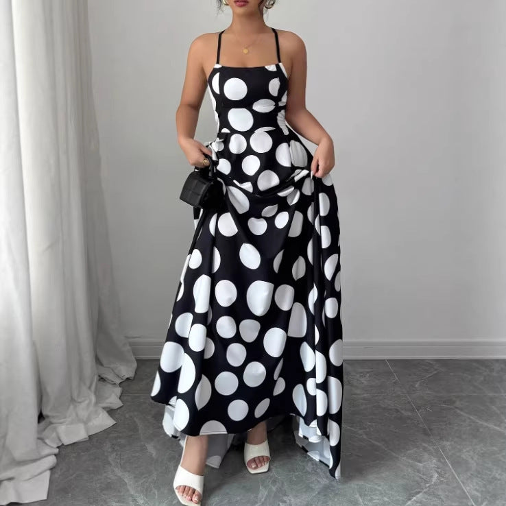 Cross-Border Amazon Women's Backless Cross-Strap Polka Dot Print Dress Polka Dot Print