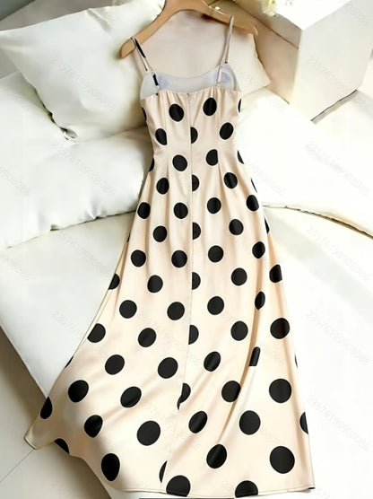 European And American Cross-Border Women's Summer Simple And Elegant Satin Polka Dot Waist-Cinching Long Strap Dress Suitable For Dates