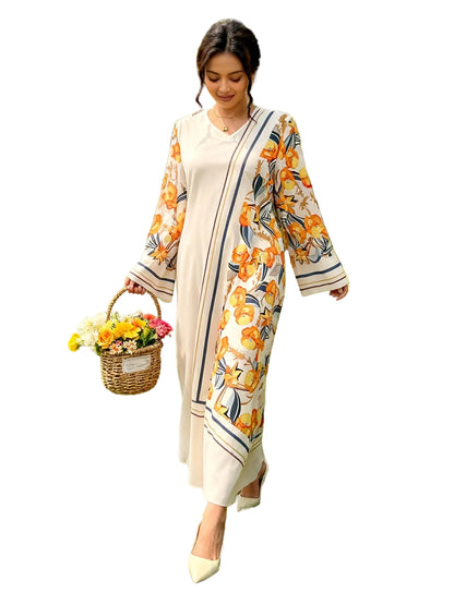 European And American Plus-Size Women's Printed Long-Sleeved Dress, Loose V-Neck Vacation-Style Robe, New Fashion Print