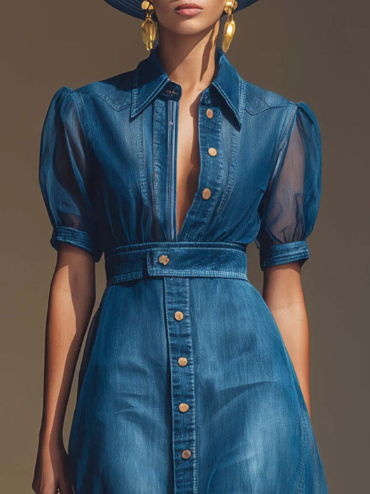 Exquisita y moderna chaqueta de manga corta con cuello en V y botones delanteros, falda larga de mezclilla sintética azul de organza