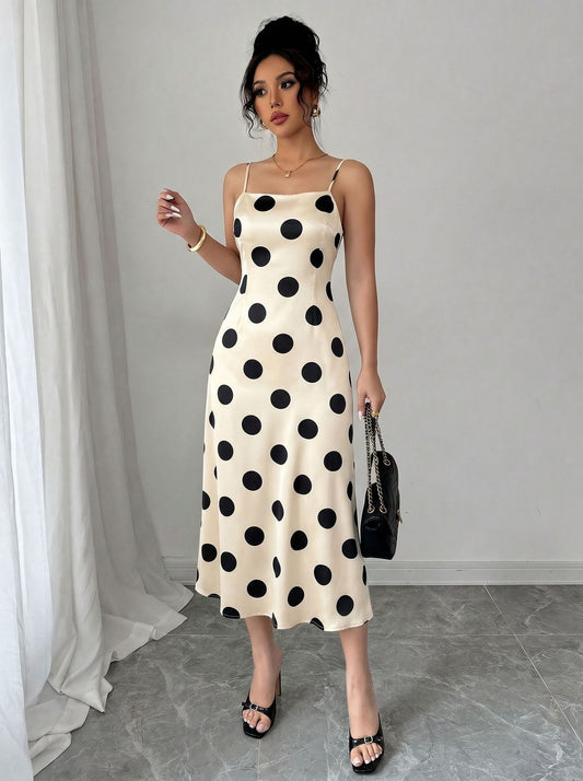European And American Cross-Border Women's Summer Simple And Elegant Satin Polka Dot Waist-Cinching Long Strap Dress Suitable For Dates