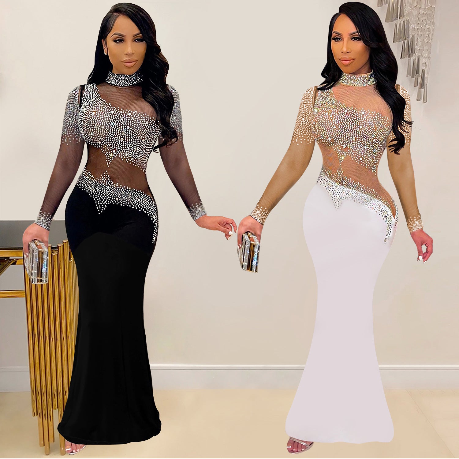 C7025 Cross-border AliExpress Amazon Independent Station European And American Fashion Women's New Rhinestone Round Neck Dress Long