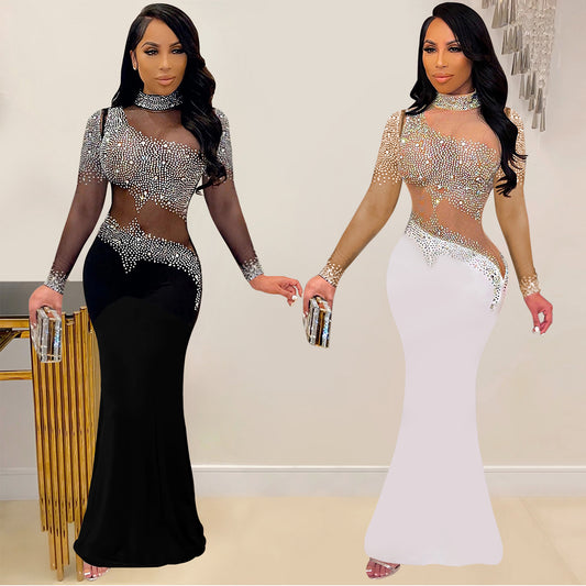 C7025 Cross-border AliExpress Amazon Independent Station European And American Fashion Women's New Rhinestone Round Neck Dress Long