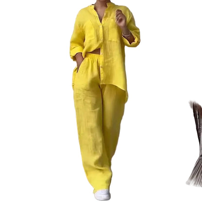 Cotton and Linen Shirt and Wide Leg Pants Set – Solid Color
