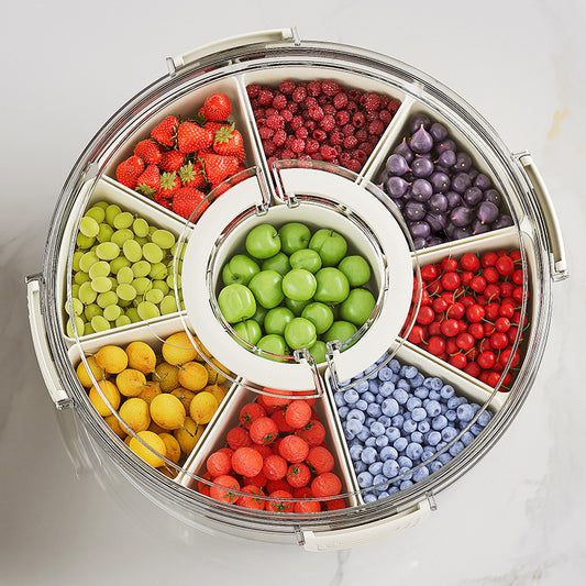 Nine-compartment Rotatable Kitchen Sealed Spice Storage Box With Handle Transparent Dried Fruit Snack Tray Refrigerator Fresh-keeping Box