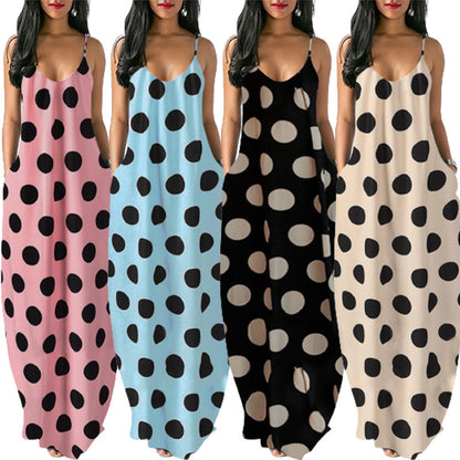 Amazon European And American Clothing Summer Independent Station Ebay Plus Size Women's Digital Printed Polka Dot V Neck Suspender Long Skirt