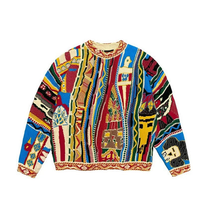 Autumn And Winter New Retro Fashion National Trend Casual Thick Knit Sweatshirt 3D Digital Print Men's Crew Neck Sweatshirt Cross-Border