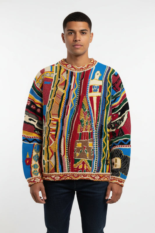Autumn And Winter New Retro Fashion National Trend Casual Thick Knit Sweatshirt 3D Digital Print Men's Crew Neck Sweatshirt Cross-Border
