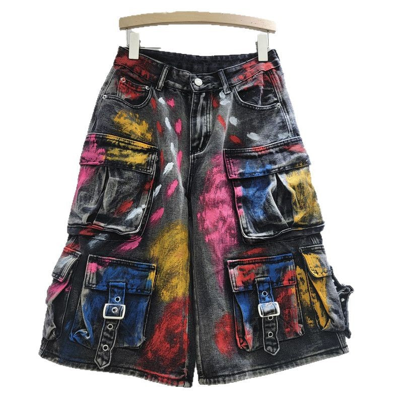 American Style High Street Trendy Hand-Painted Graffiti Jeans High Street Hip-Hop Loose Casual Five-Fit Jeans Trendy