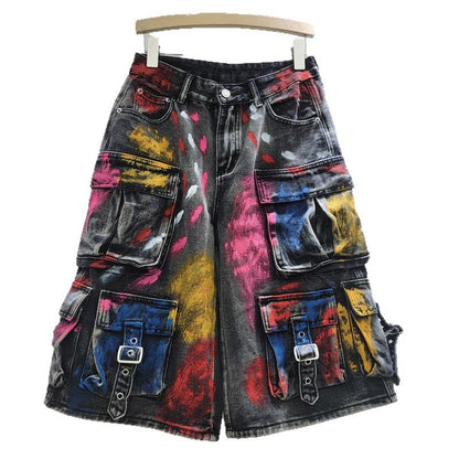 American Style High Street Trendy Hand-Painted Graffiti Jeans High Street Hip-Hop Loose Casual Five-Fit Jeans Trendy
