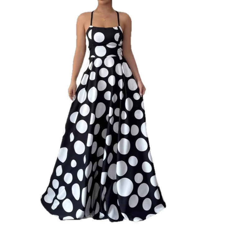 Cross-Border Amazon Women's Backless Cross-Strap Polka Dot Print Dress Polka Dot Print