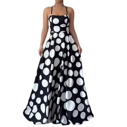 Cross-Border Amazon Women's Backless Cross-Strap Polka Dot Print Dress Polka Dot Print