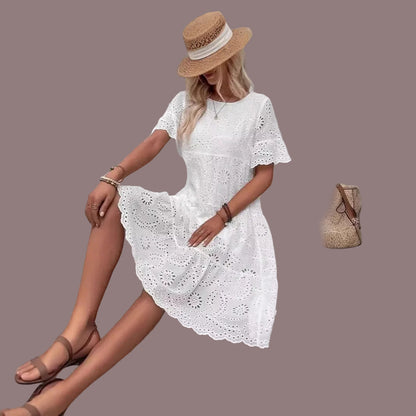 Kinited Style Solid Color Embroidered Lace Dress With Hollow Design