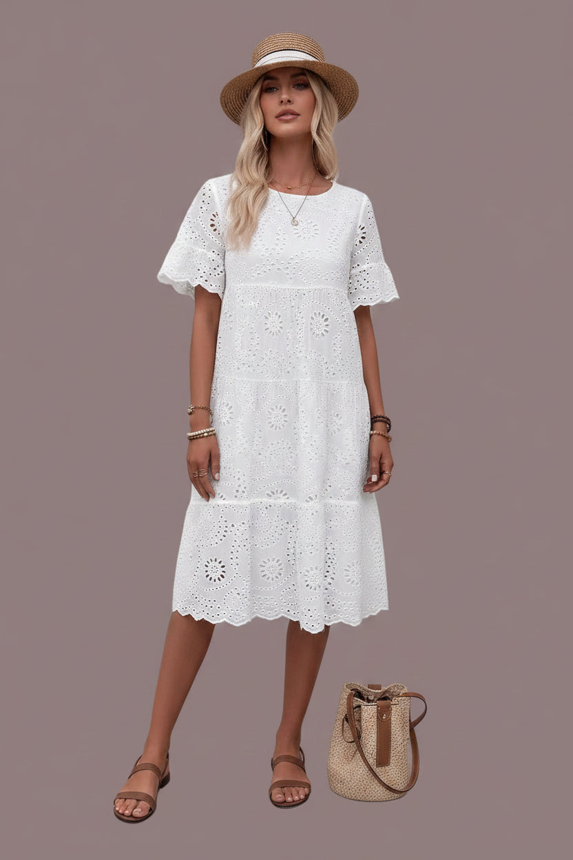 Kinited Style Solid Color Embroidered Lace Dress With Hollow Design
