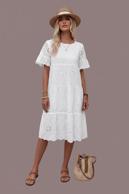 Kinited Style Solid Color Embroidered Lace Dress With Hollow Design