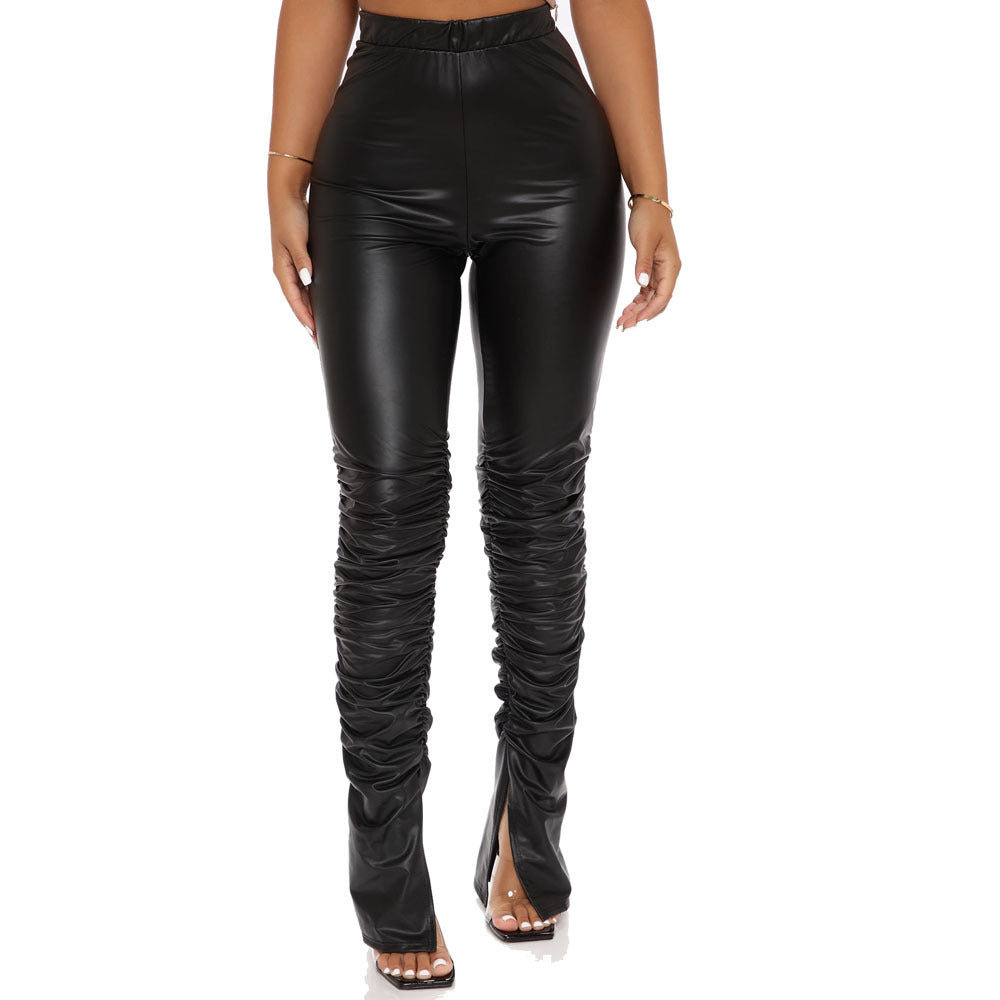Pantalones de cuero de PU con abertura y cintura alta, sexys, ajustados, plisados, elásticos, a la moda europea y americana de Amazon, otoño transfronterizo