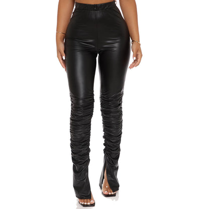 Pantalones de cuero de PU con abertura y cintura alta, sexys, ajustados, plisados, elásticos, a la moda europea y americana de Amazon, otoño transfronterizo