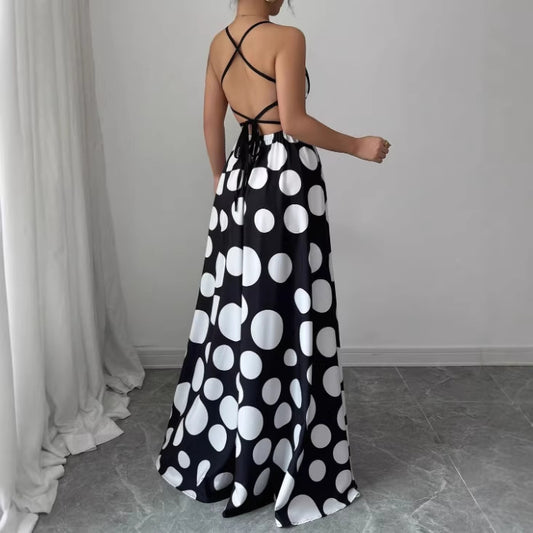 Cross-Border Amazon Women's Backless Cross-Strap Polka Dot Print Dress Polka Dot Print