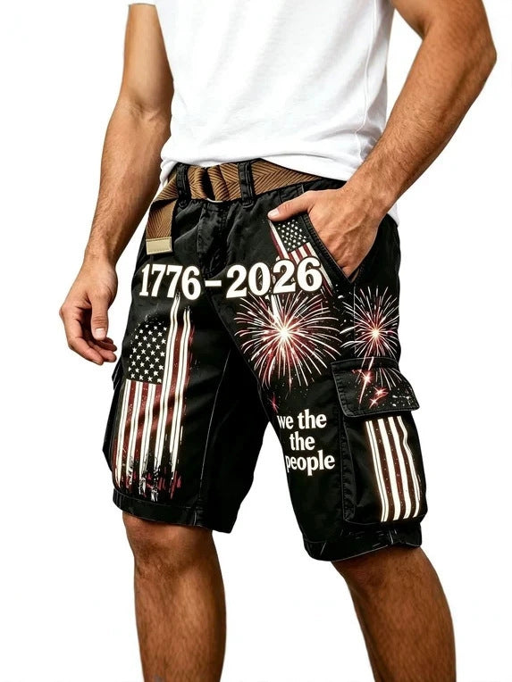 26 American Retro Fashion 3D Printed Work Shorts For Men, Summer Loose Trendy High Street Casual Multi-Pocket Knee-Length Shorts