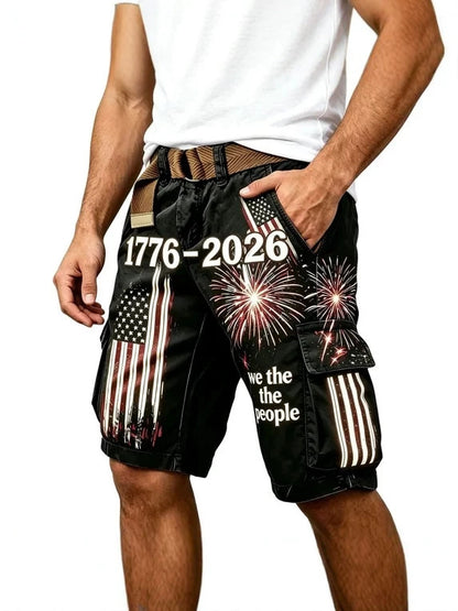 26 American Retro Fashion 3D Printed Work Shorts For Men, Summer Loose Trendy High Street Casual Multi-Pocket Knee-Length Shorts