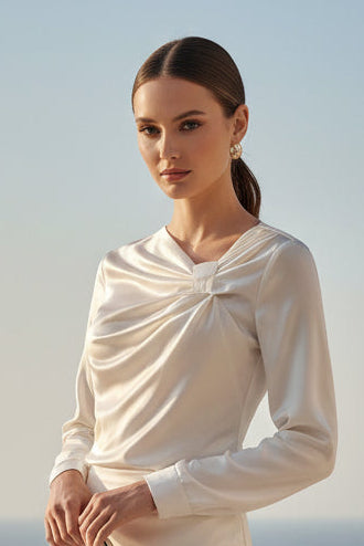 In-Stock Cross-Border European And American Elegant Style Women's Shirt, Summer Casual Solid Color Irregular Neckline Satin Blouse