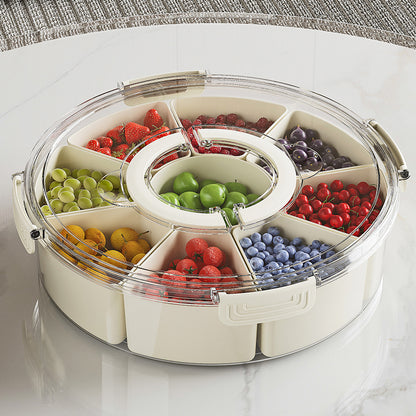 Nine-compartment Rotatable Kitchen Sealed Spice Storage Box With Handle Transparent Dried Fruit Snack Tray Refrigerator Fresh-keeping Box