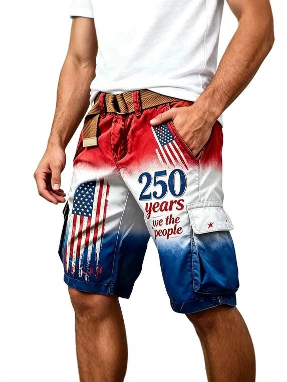 26 American Retro Fashion 3D Printed Work Shorts For Men, Summer Loose Trendy High Street Casual Multi-Pocket Knee-Length Shorts