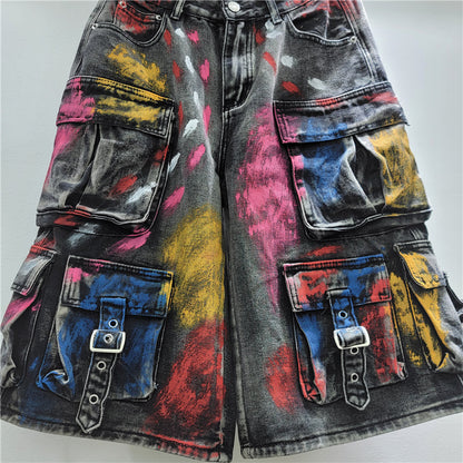 American Style High Street Trendy Hand-Painted Graffiti Jeans High Street Hip-Hop Loose Casual Five-Fit Jeans Trendy