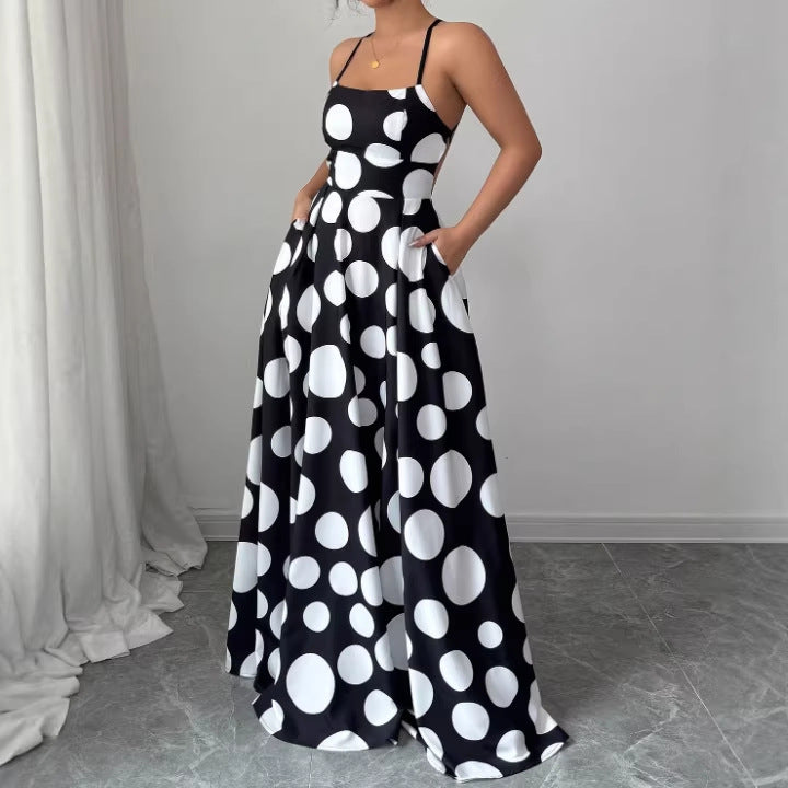 Cross-Border Amazon Women's Backless Cross-Strap Polka Dot Print Dress Polka Dot Print