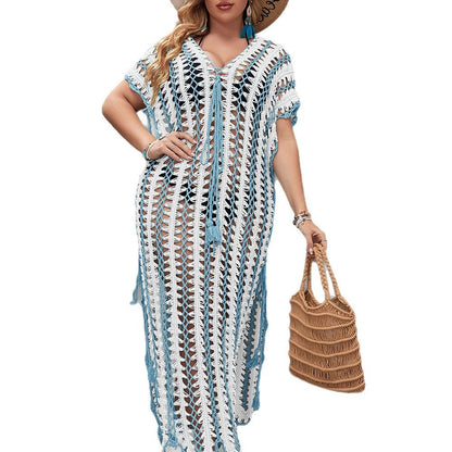 European And American Plus Size New Ebay Aliexpress Hand Hook Cut Out Sexy Beach Color Matching One-Piece Skirt Sun Protection Blouse For Women