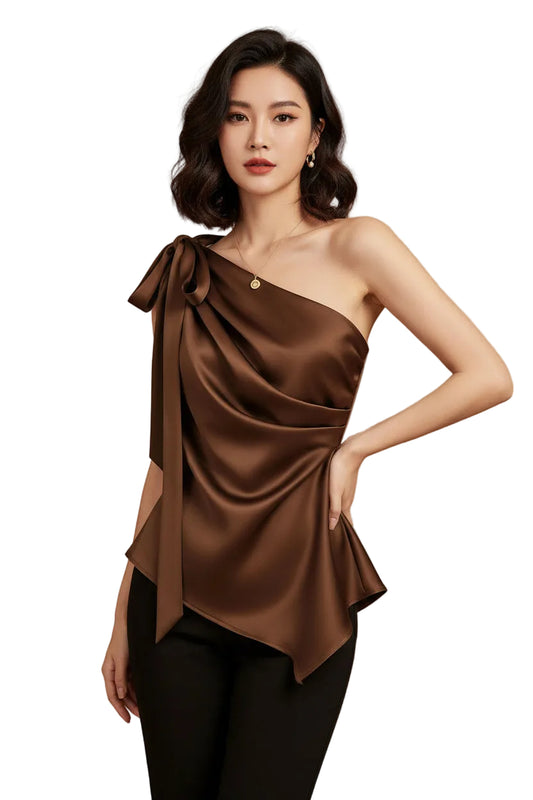 Satin One-shoulder Top With High-end Slanted Shoulder Bow Design, Elegant Waist, Slimming And Luxury, Amazon Cross-border New