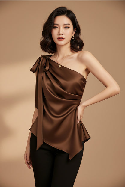 Satin One-shoulder Top With High-end Slanted Shoulder Bow Design, Elegant Waist, Slimming And Luxury, Amazon Cross-border New