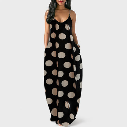 Amazon European And American Clothing Summer Independent Station Ebay Plus Size Women's Digital Printed Polka Dot V Neck Suspender Long Skirt