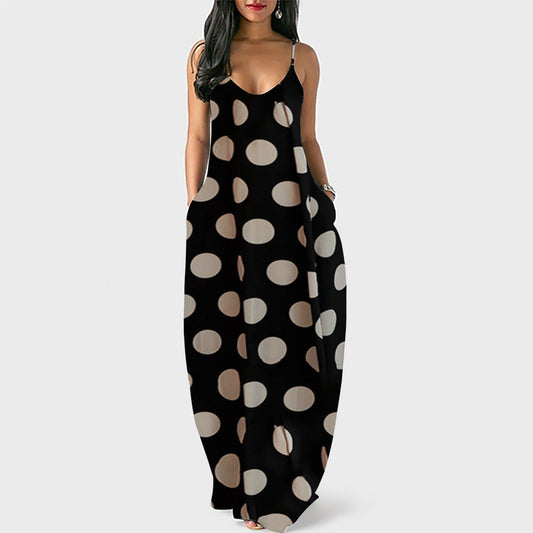 Amazon European And American Clothing Summer Independent Station Ebay Plus Size Women's Digital Printed Polka Dot V Neck Suspender Long Skirt