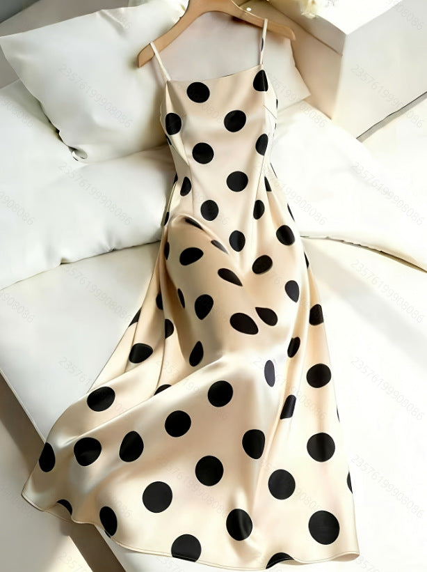European And American Cross-Border Women's Summer Simple And Elegant Satin Polka Dot Waist-Cinching Long Strap Dress Suitable For Dates
