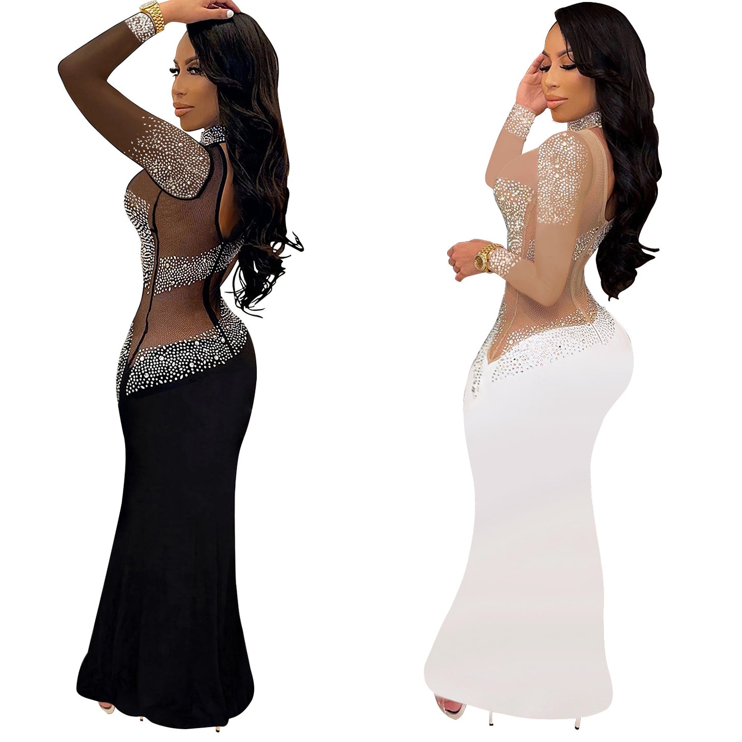 C7025 Cross-border AliExpress Amazon Independent Station European And American Fashion Women's New Rhinestone Round Neck Dress Long