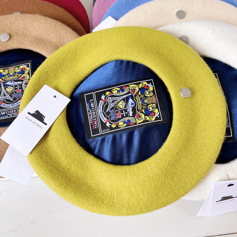 Boina de lana española para mujer, sombrero elegante de pintor francés, insignia con forro de satén, sombrero de azafata Retro británico