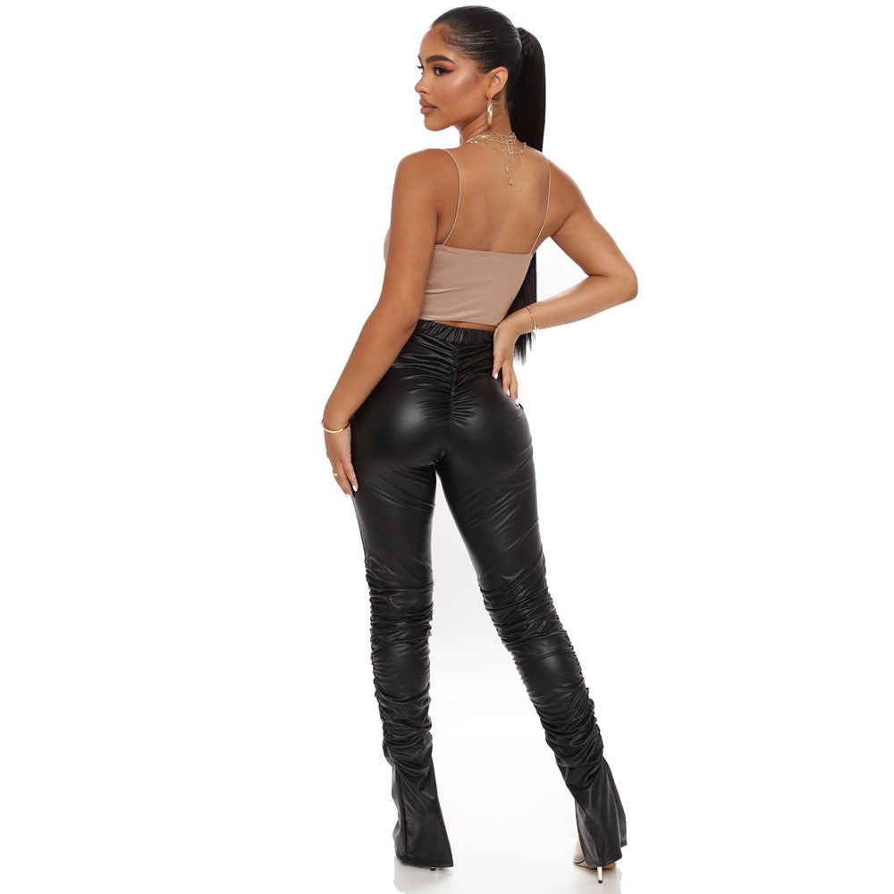 Pantalones de cuero de PU con abertura y cintura alta, sexys, ajustados, plisados, elásticos, a la moda europea y americana de Amazon, otoño transfronterizo