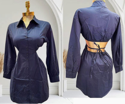 Blue Long Sleeve Backless Neckline Dress