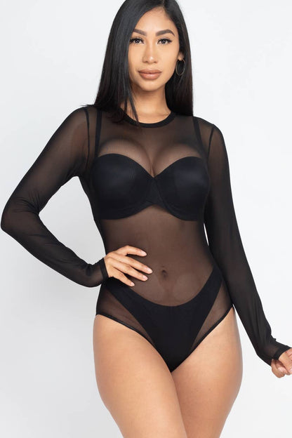 Mesh Sheer Long Sleeves Bodysuit: Black / M
