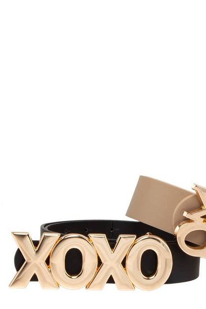 Long and Stacked XOXO Buckle Duo Belt Set: Cognac