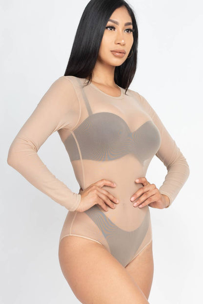 Mesh Sheer Long Sleeves Bodysuit: Black / S