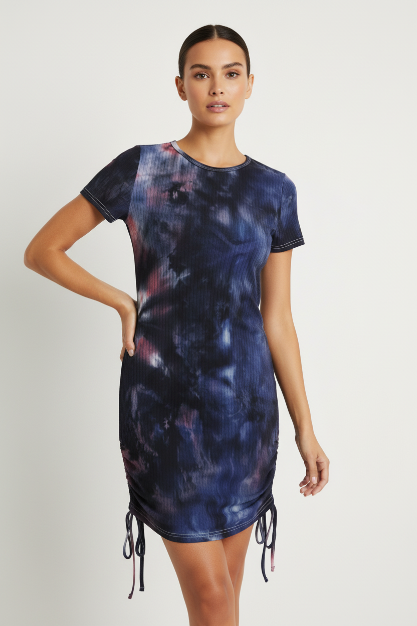 Blue Pink Black Tie-Dye Drawstring Dress