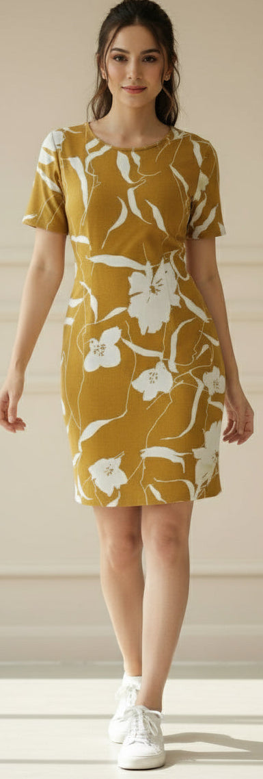White and Mustard Yellow Accent Women Dress