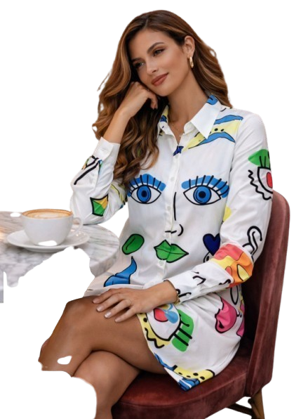 Vestido en blanco con diseño azul amarillo variado
