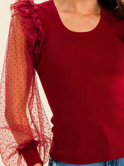 Blusa de contraste de malla con volantes de manga larga para mujer Entro