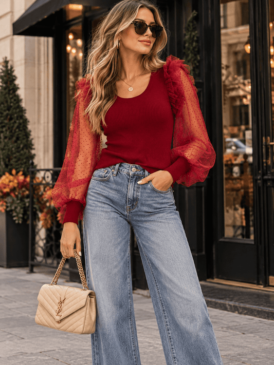 Blusa de contraste de malla con volantes de manga larga para mujer Entro