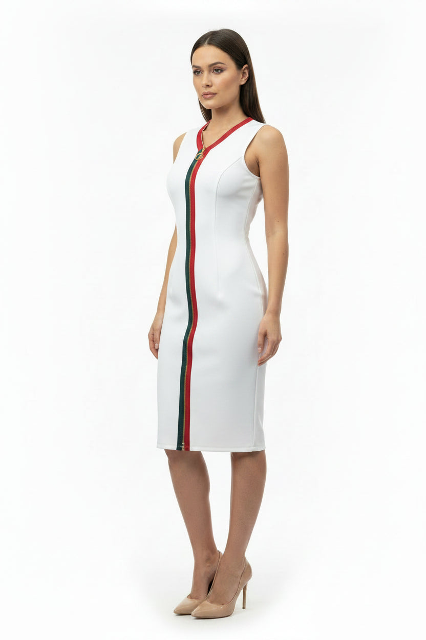 Vestido blanco con raya roja y verde en la parte frontal verde verde y rojo verde rojo