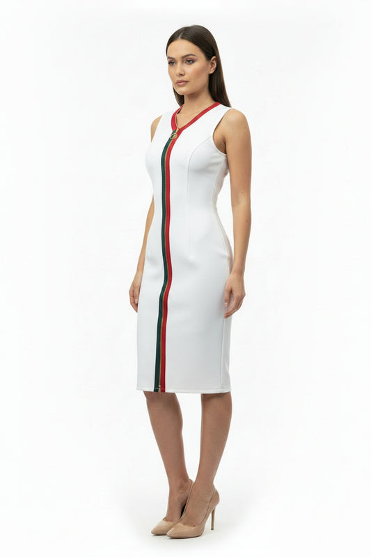 Vestido blanco con raya roja y verde en la parte frontal verde verde y rojo verde rojo