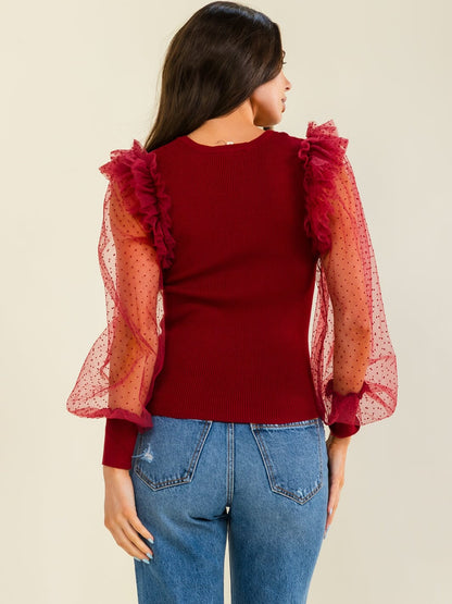 Blusa de contraste de malla con volantes de manga larga para mujer Entro